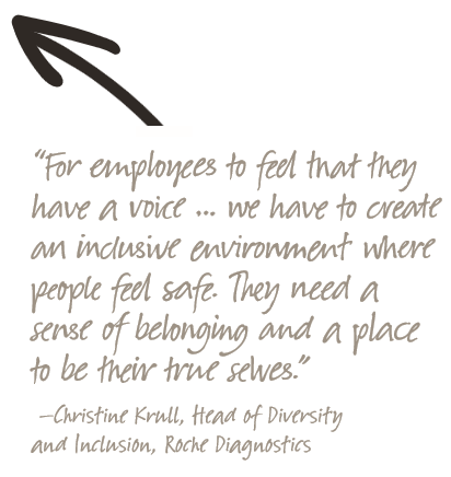 For employees to feel that they have a voice we have to create an inclusive environment where people feel safe. They need a sense of belonging and place to be their true selves - Christine Krull, Head of diversity and inclusion, Roche Diagnostics