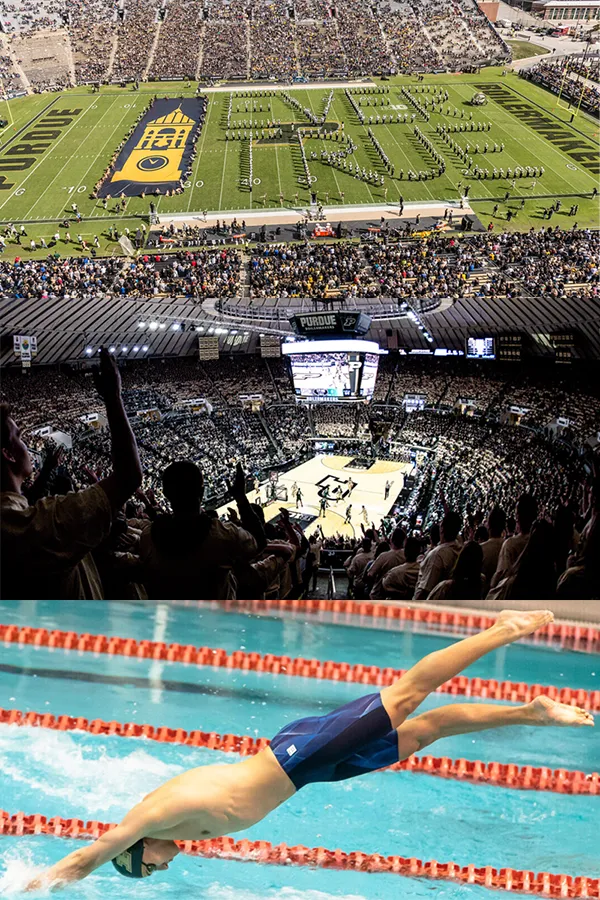 Three images - one of Purdue's Ross Ade football stadium, one of Purdue's Mackie Arena for basketball, and one of a Purdue swimmer diving into a pool