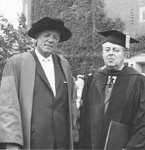 Herman Krannert (right) received an honorary Doctor of Industrial Administration from President Hovde in 1962